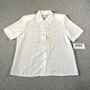 Christie & Jill Shirt Women 8 White Embroidered Floral Collared Button Up Casual